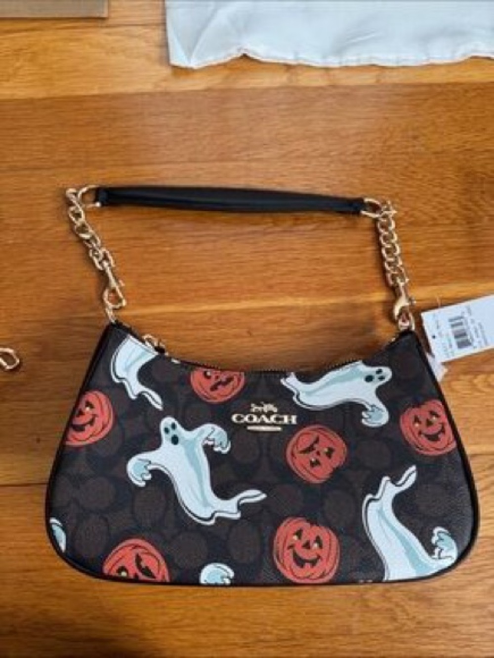 Coach Black Mini Shoulder Bag with White Ghosts and Orange Pumpkins